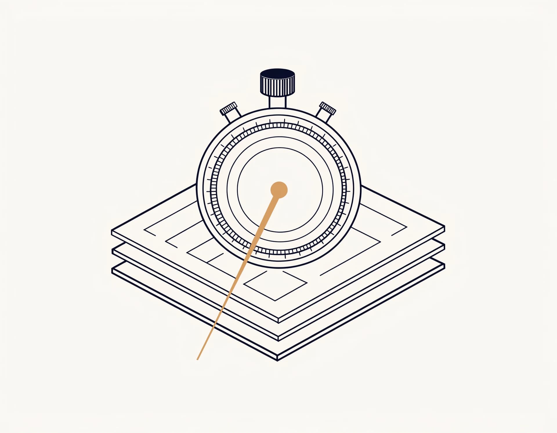 Hairline editorial illustration of an analog stopwatch over a stack of lease pages, ink-navy linework on parchment cream with a single brass second hand accent.