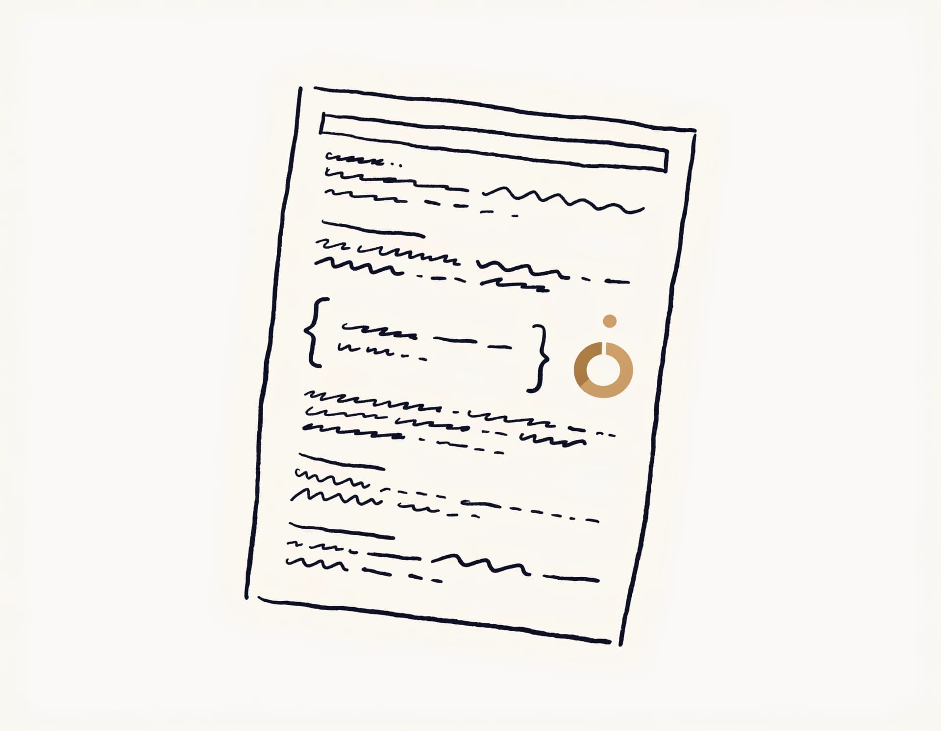 Hairline editorial illustration of a lease document seen at slight angle, with curly brackets isolating one paragraph clause and a brass-filled confidence ring beside it.